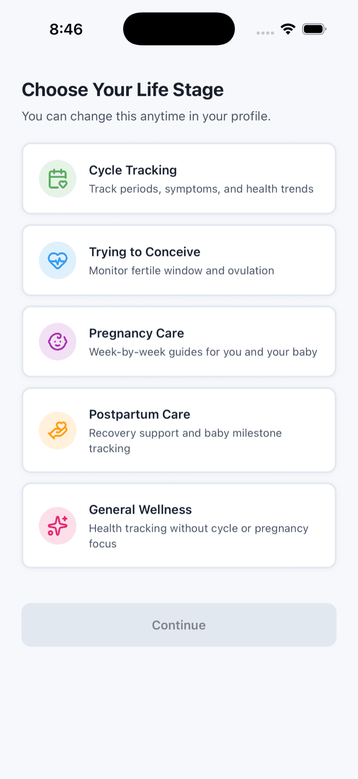 Ovyacare app — choose your life stage